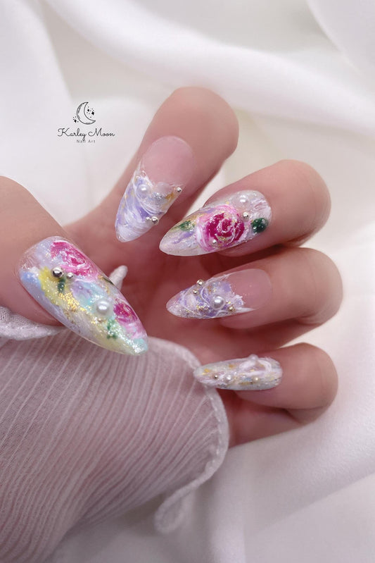 Summer Hand Oil Painted Unique Garden Flower Press On Nails - KarleyMoonNail