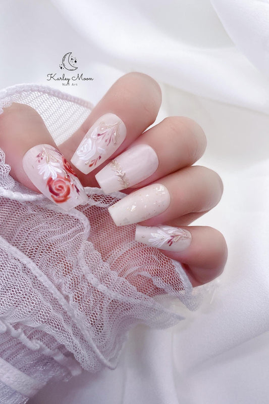Elegant Fancy Hand Painted Rose Flower Press On Nails - KarleyMoonNail
