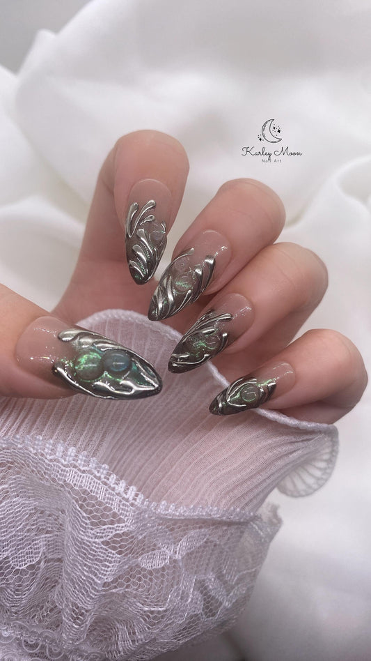 Y2K 3D Shimmering Silver Green Glitter Party Press On Nails - KarleyMoonNail