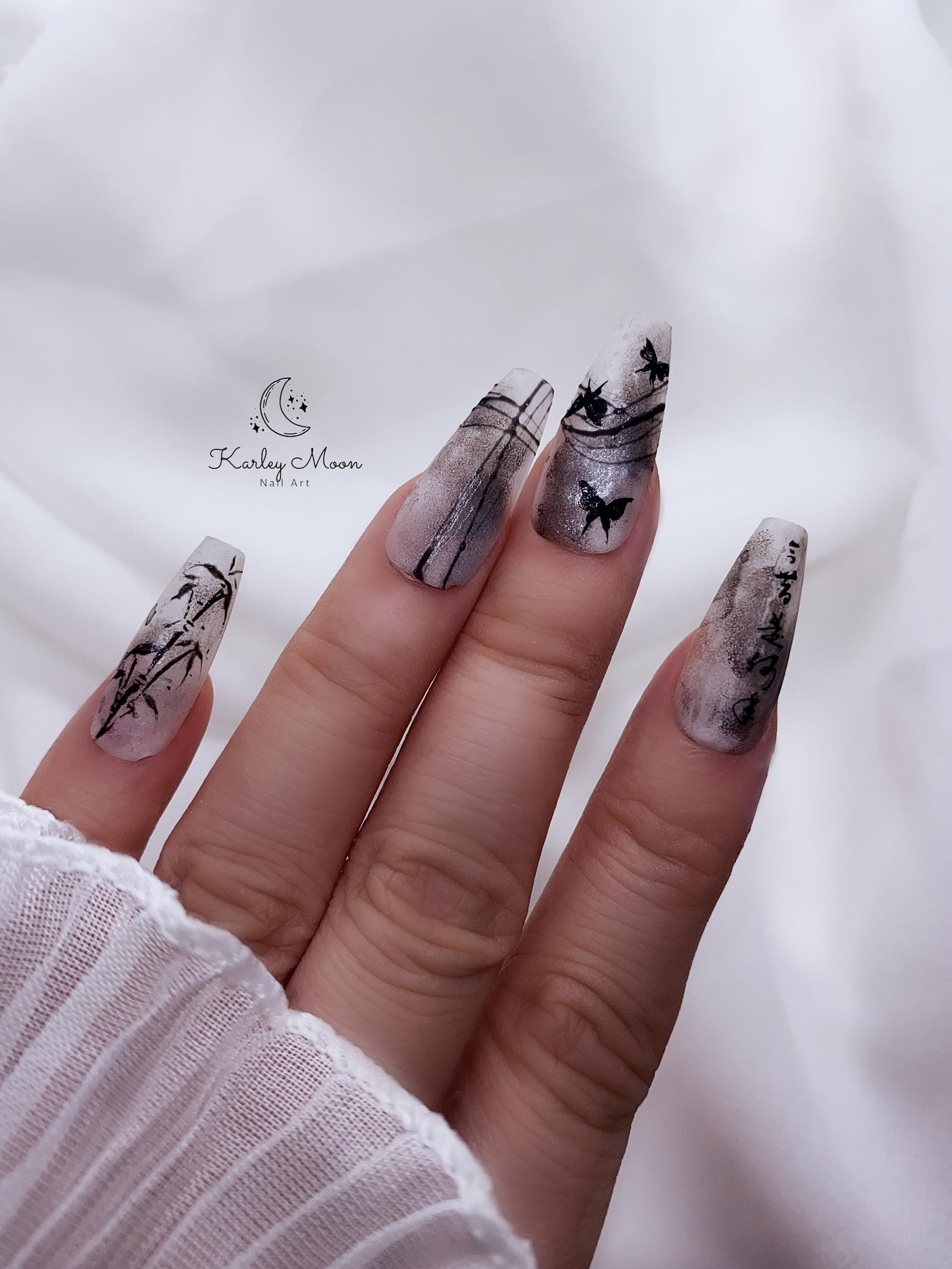 Elegant Hand Painted Bamboo Butterfly Press On Nails - KarleyMoonNail