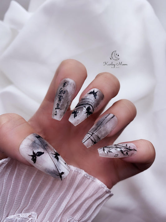 Elegant Hand Painted Bamboo Butterfly Press On Nails - KarleyMoonNail