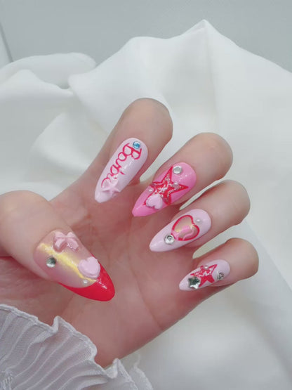 Kawaii Hot Pink Barbie Press On Nails