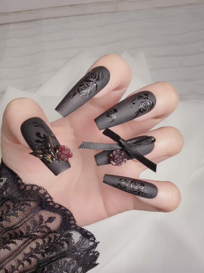 Matte Black Rose Butterfly Elegant Press On Nails