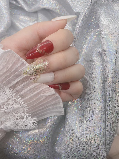 Elegant Red Golden Leopard Glitter Press On Nails