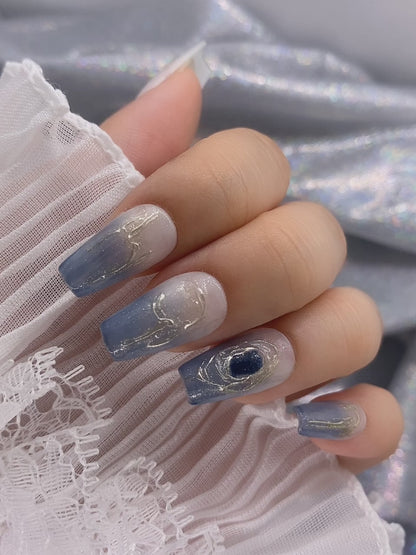 Summer Nails Watercolor Blue Galaxy Glitter Stone Press On Nails