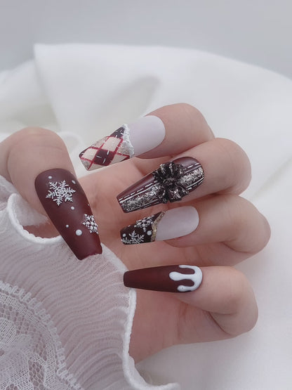 Holiday Christmas Snow Red Glitter Winter Press On Nails