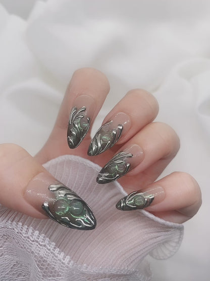 Y2K 3D Shimmering Silver Green Glitter Party Press On Nails