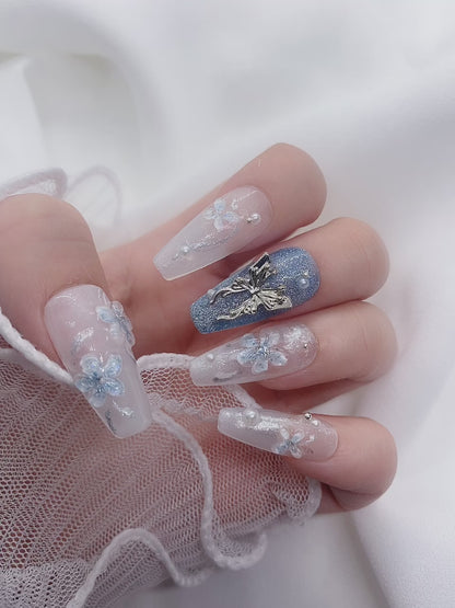 Ocean Blue 3D Butterfly Flower Glitter Press On Nails