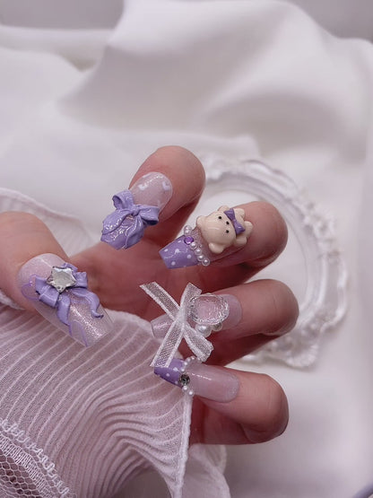 Kawaii Sparkle White Glitter Teddy Bear Press On Nails