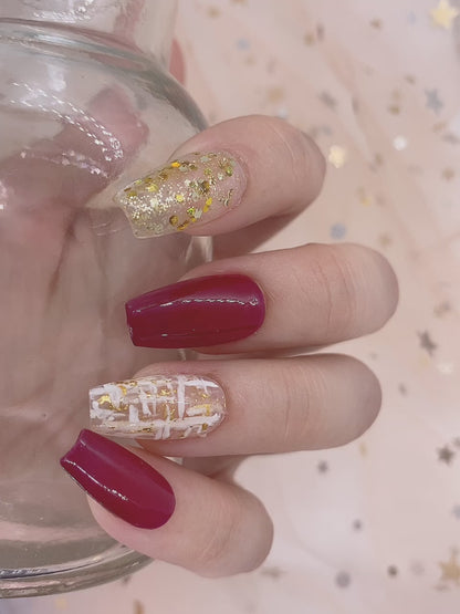 Elegant Red Shining Gold Glitter Press On Nails