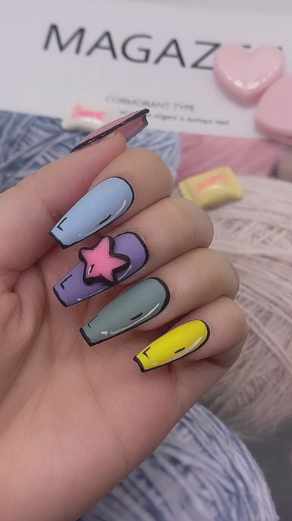 Summer Rainbow Kawaii 3D Hand Painted Comics Style Press On Nails