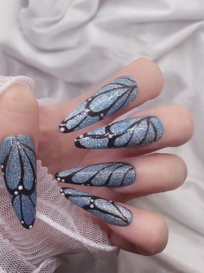 Elegant Fancy Blue Glitter Butterfly Wing Press On Nails