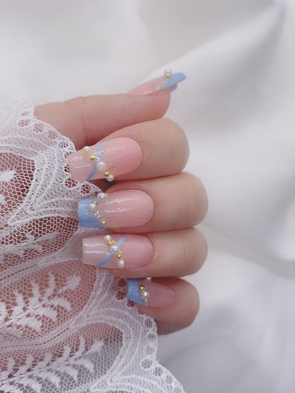 Casual Hand Painted Blue and Pink Classic Pearl Press On Nails