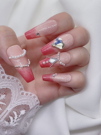 Fancy Glitter Cat Eye Pink Shiny Luxury Press On Nails
