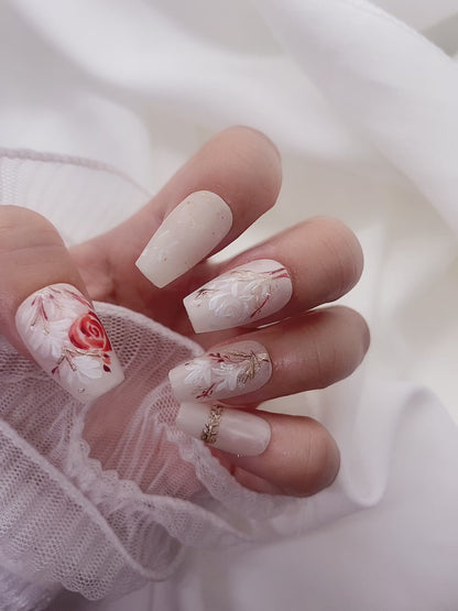 Elegant Fancy Hand Painted Rose Flower Press On Nails