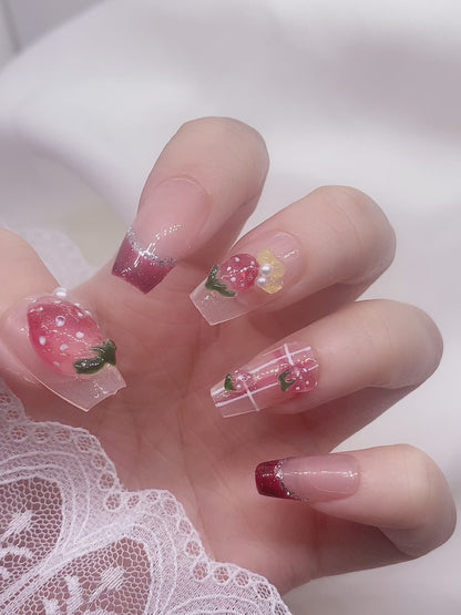 Kawaii 3D Strawberry Nude Pink Summer Press On Nails