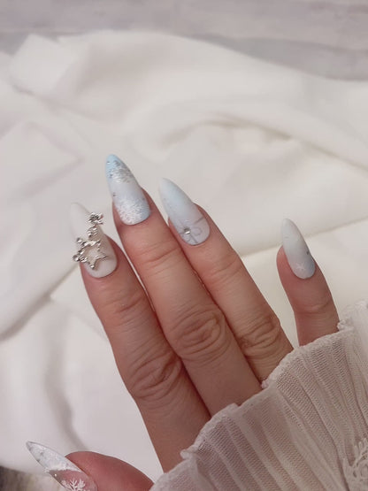 Holiday Christmas Light Blue Snow Glitter Winter Press On Nails