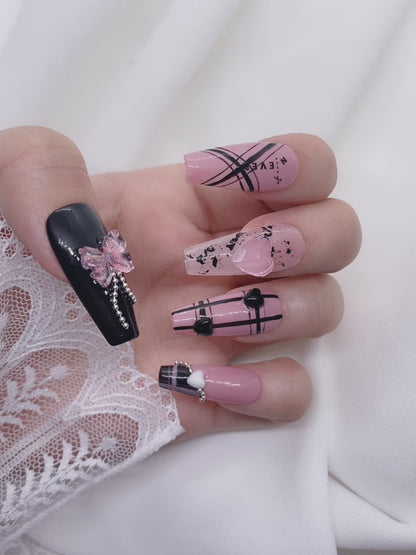 Gothic Black Barbie Pink Heart Cool Girl Press On Nails
