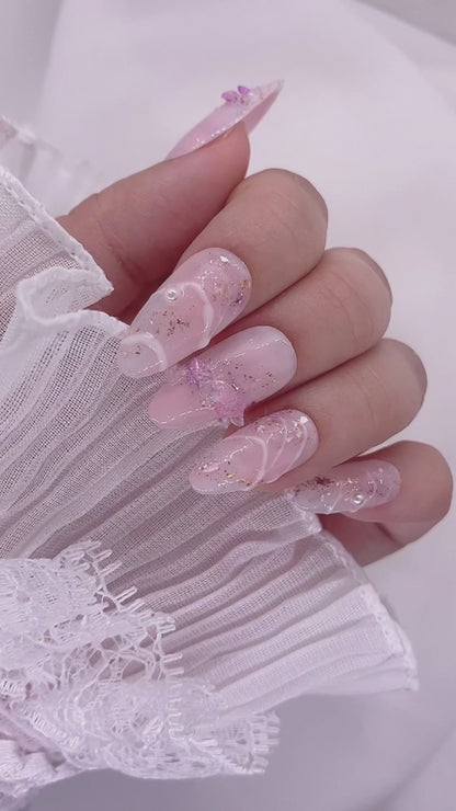 Light Pink Glitter Crystal Stones Press on Nails Hand Painted Nails