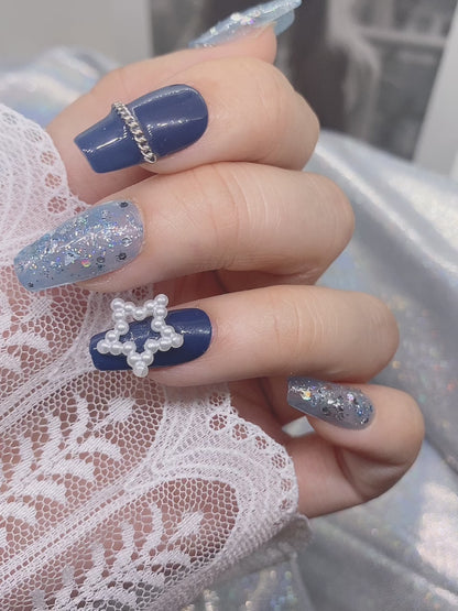 Dark Blue Star Glitter Winter Press On Nails