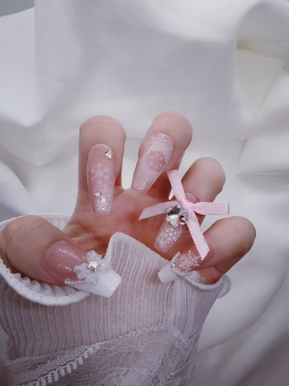 Nude Pink Snow Sparkling Ribbon Bow Press On Nails