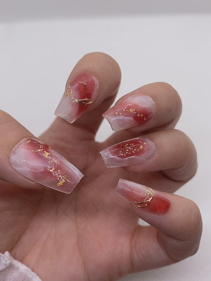 Elegant Watercolor Red Golden Glitter Press On Nails Watercolor Nails