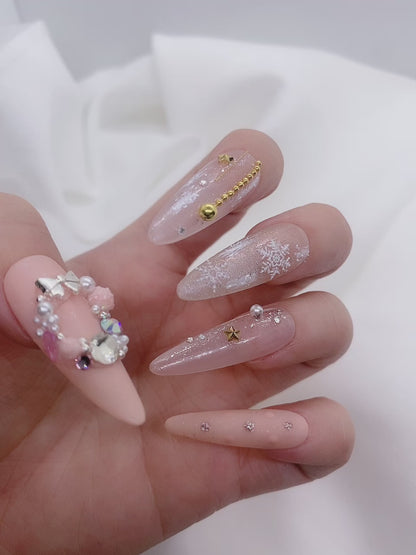 Elegant Christmas Snowflake Pink Glitter Winter Press On Nails