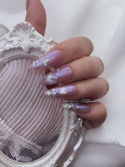 Cute Purple Blue Glitter Heart Press On Nails