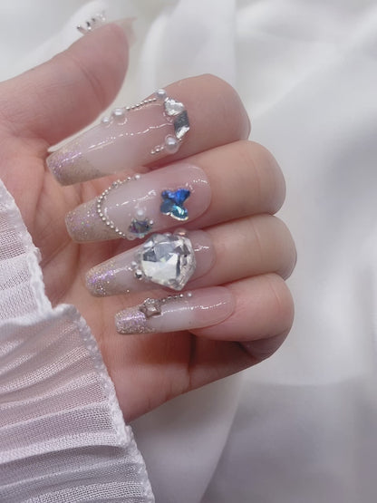 Elegant Nude Pink Butterfly Glitter Rhinestone Crystal Press On Nails