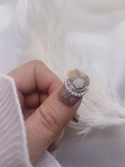 Classic Golden Brown Flower Pearl Vintage Press On Nails