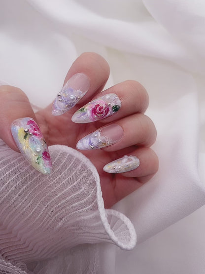 Summer Hand Oil Painted Unique Garden Flower Press On Nails